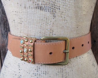 Vintage Studded Leather Belt: Brown Rocker Belt With Brass  display picture 1