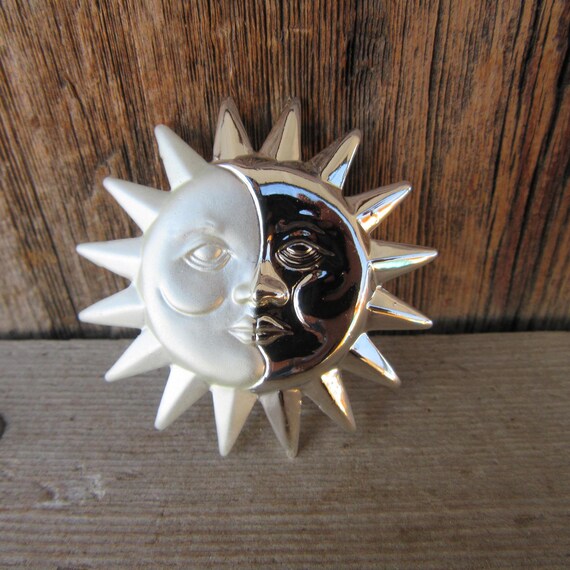 NOS 80s 90s Chunky Silver Tone Modernist Sun and … - image 1