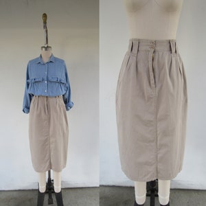 PETITE 80s 90s Khaki All Cotton Pleated High Waist Midi Skirt 25 Waist image 1