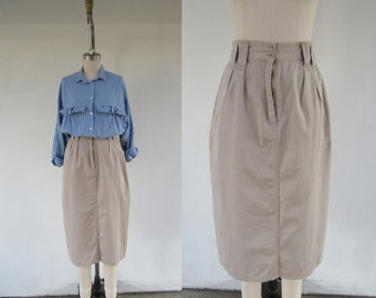 PETITE 80s 90s Khaki All Cotton Pleated High Waist Midi Skirt | 25 Waist