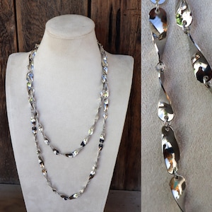 70s Long Shiny Silver Tone Layering Thick Fat Chunky Twisted Chain Statement Necklace | Mod 52&quot; long Swirl  Link Necklace