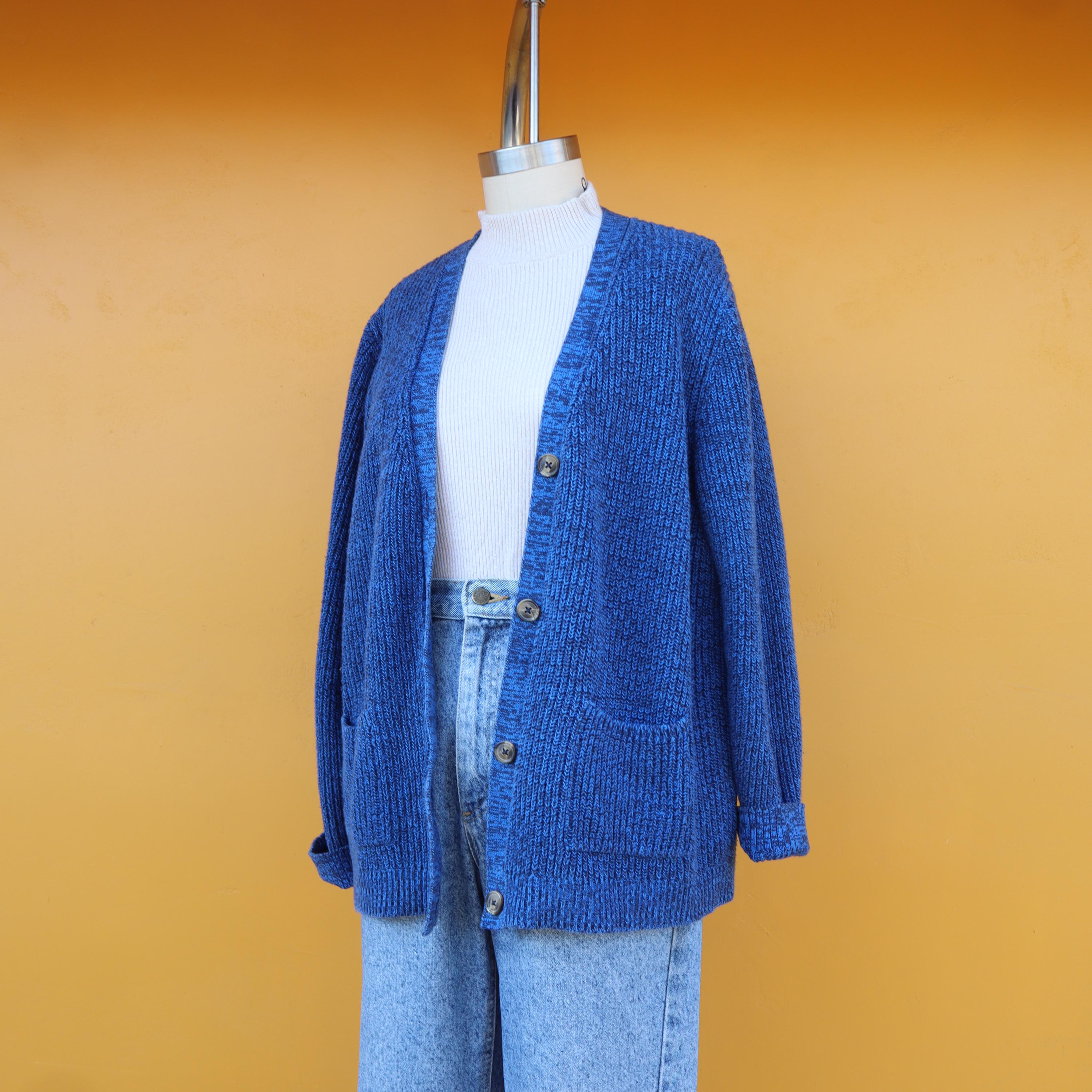 値下げ‼️WAX Poodle knit cardigan ネイビー PLUS SIZE 90s Heatherd Waffle Knit Cardigan | Black and Roayl Blue