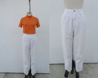 90s Stark White All Cotton High Waisted Chinos | Minimalist Cotton High Rise Tapered Trousers Pants | 25 Waist