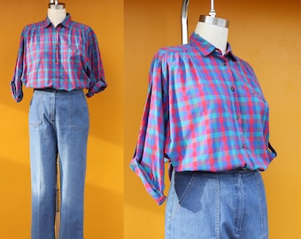 80s Cotton Checkered Button Front Short Sleeve Blouse | 1980s Pocketed Checkered Top Shirt  | Size 16 18 Plus Size