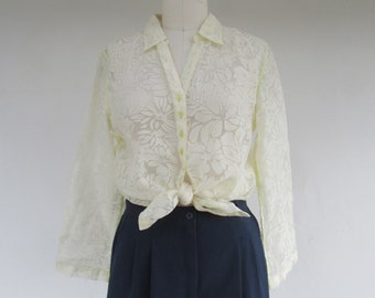 90s Semi Sheer Powder Yellow Button Front Burnout Long Sleeve Top | Minimalist 1990s Top Blouse Shirt | L