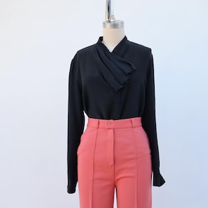80s 90s Ruffled Black Button Front Long Sleeve Officecore Blouse | Button Down Top | Button Up Secretary Shirt | Size S