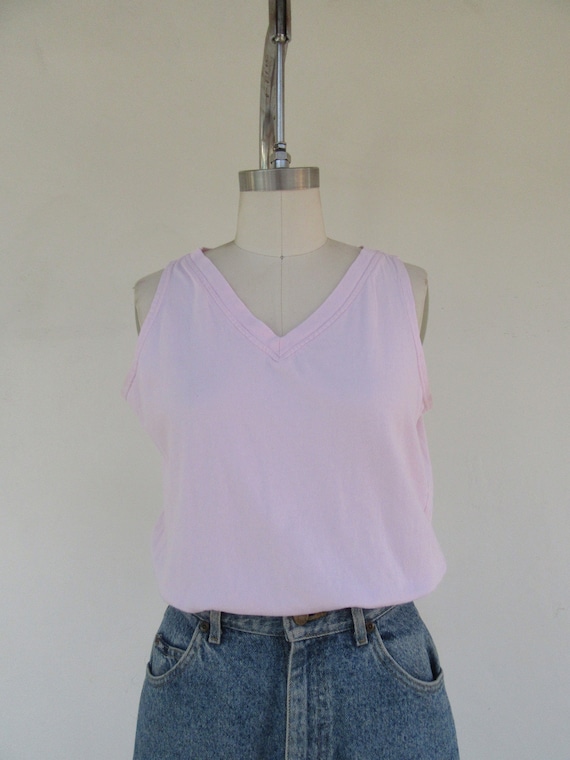 80s 90s Pink V Neck All Cotton Sleeveless Knit To… - image 2