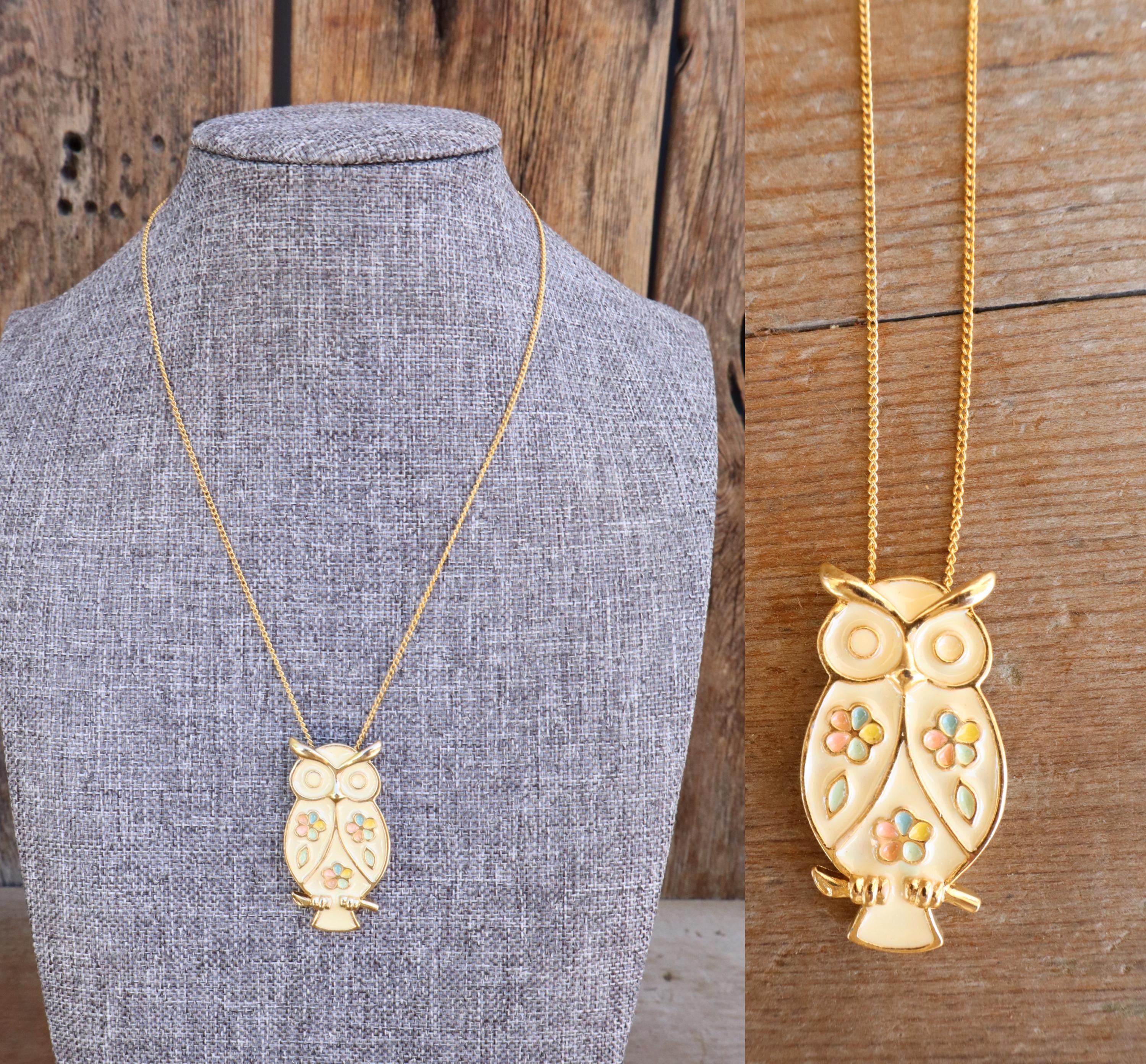 70s Gold Chain Enamel MCM Mid Century Owl Pendant Choker Necklace