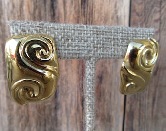 90s Gold Tone Earrings | Modernist Statement Earrings | Chunky Fan Swirl Geo Geometric Rectangle Earrings