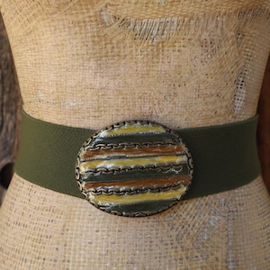 80s Olive Green Wide Waist Belt | Stretch Belt | Cinch Belt | Gold Enamel Tone Buckle Kelp Stretch Belt | Wide Elastic Waist Belt | 33 to 40