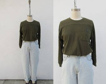 90s Kelp All Cotton Long Sleeve Knit Tee | Pocketed Minimalist Boxy Fit Knit Tee Shirt | Oversized Fit Knit Top | L