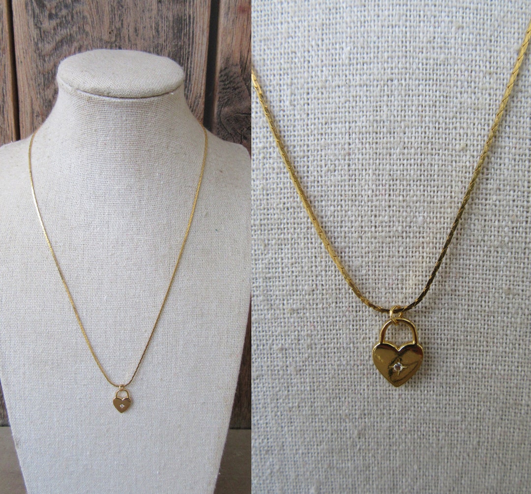 80s 90s Gold Tone Heart Padlock Statement Necklace Heart Lock Necklace