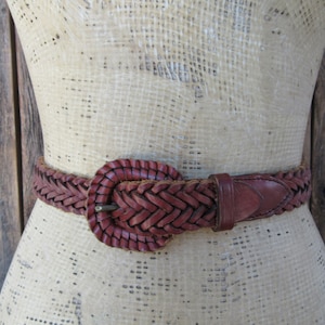 90s Cinnamon Brown Woven Leather Waist Belt | Covered Buckle Belt | Braided Leather Minimal Trouser Belt | 34 or smaller | Size Large
