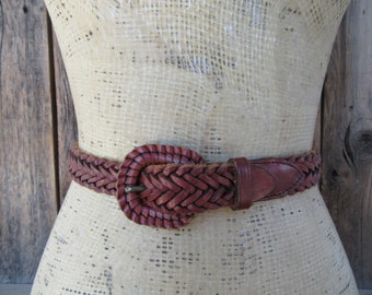 90s Cinnamon Brown Woven Leather Waist Belt | Covered Buckle Belt | Braided Leather Minimal Trouser Belt | 34 or smaller | Size Large