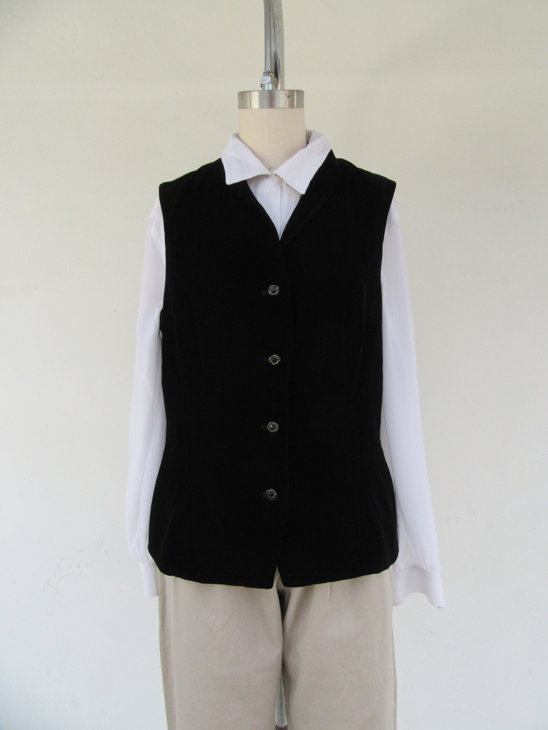 90s Black Velvet Button Front Vest | Velvet Waist Coat | Dark