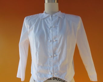 80er Jahre Cottagecore Weißer Spitzenkragen Kurze Knopfleiste Bluse | Klein