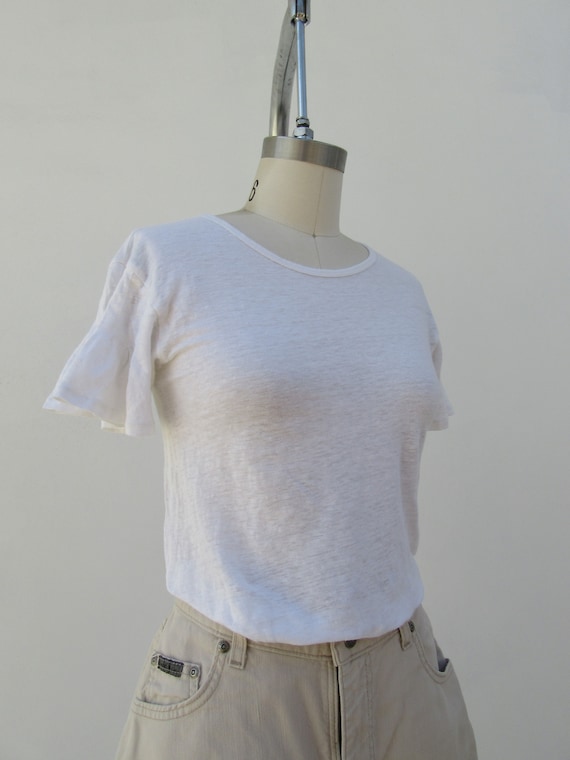 90s Ruffle Sleeve White Linen Jersey Tee Shirt | … - image 3