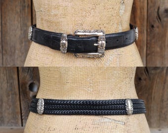90er Jahre BRIGHTON Black Moc Croc Croco Woven Geflochtener Ledergürtel Concho Western Gürtel 28 zu 32