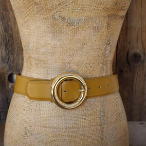 80s Camel Ochre Brown Wide Leather Waist Belt |  90s Mustard Brown Leather Wide Waist Belt | 26 to 30