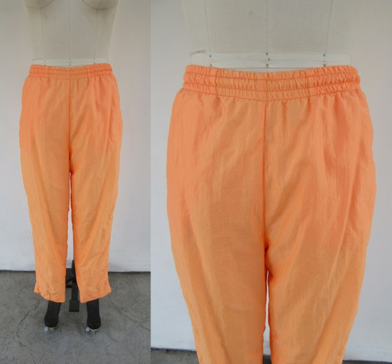 90s Neon Orange Track Pants | Nylon Easy Pants | Workout Pants | Florescent  Orange Windbreaker Pull On Pants | M L