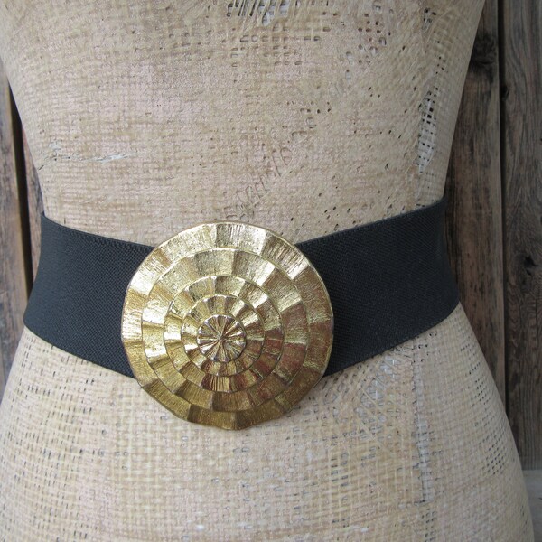 80s Black Wide Waist Belt | Stretch Belt | Cinch Belt | Ornate Gold Tone Buckle Stretch Belt | Wide Elastic Waist Belt | 28 to 32