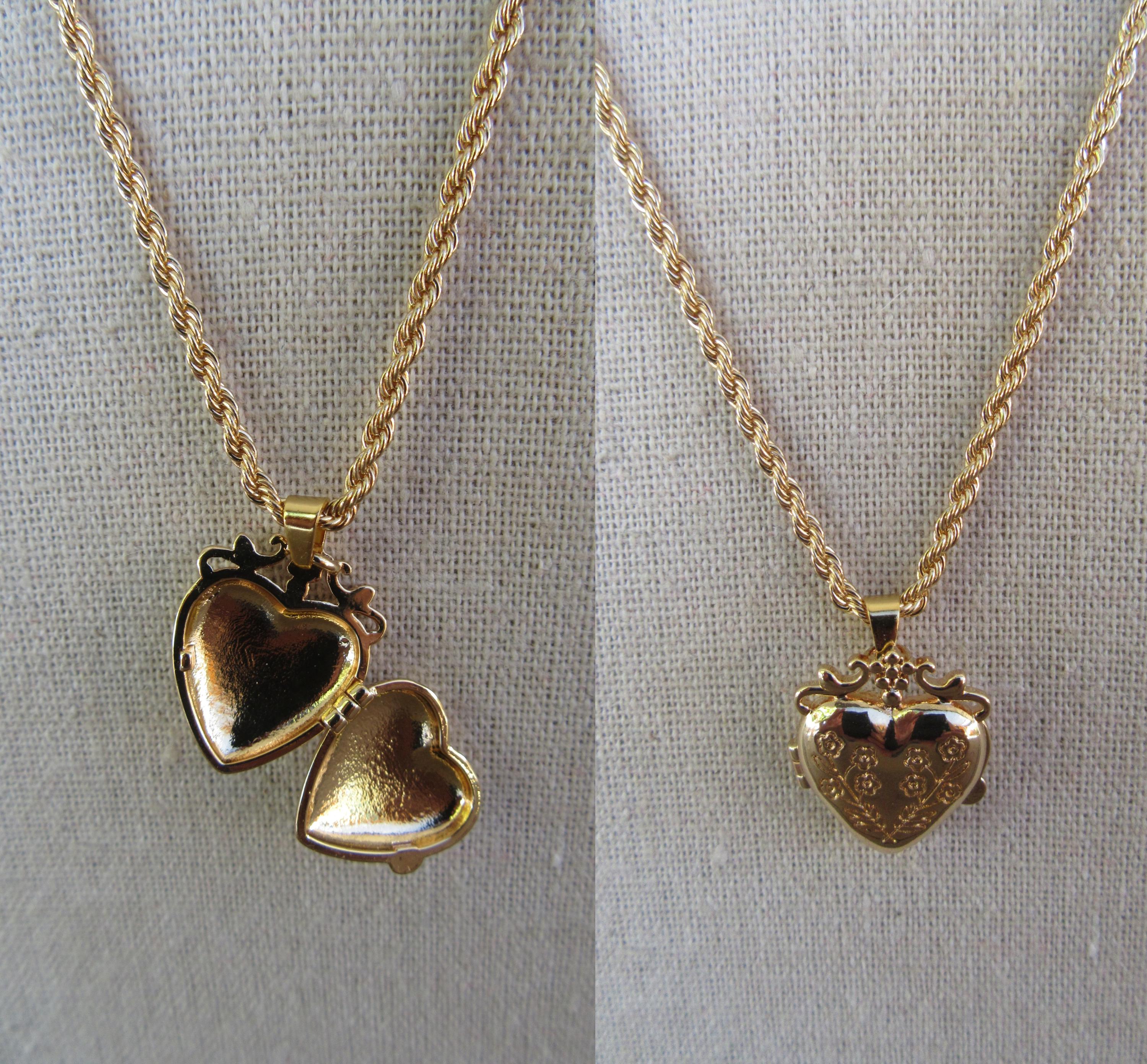 80s 90s Chunky Gold Tone Puff Heart Locket Necklace | Etched Heart Chain Necklace | 20" Heart Necklace | Gold Plated Chain
