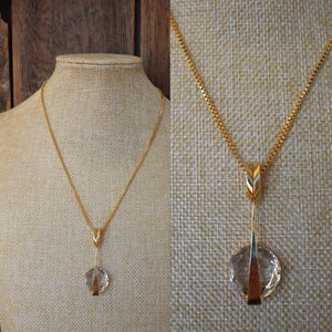 70s Gold Tone Mod Clear Rhinestone Pendant Necklace | Arrow Cabochon Teardrop Dangle Statement Modernist Cocktail Necklace