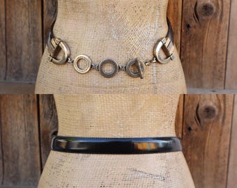 90s Brighton Black Leather and Chain Waist Belt 24 to 28 Size Small