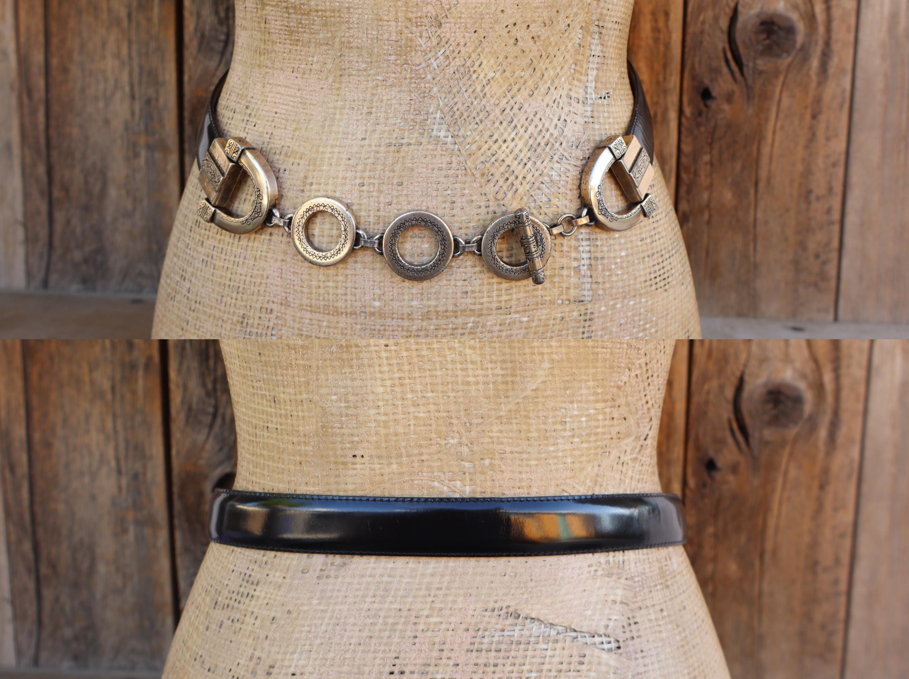 90s Brighton Black Leather and Chain Waist Belt 24 to 28  display picture 1