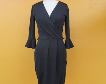 90s Y2K Black Tulip Day Dress | Fitted Bodycon Body Con Dress | Size 4