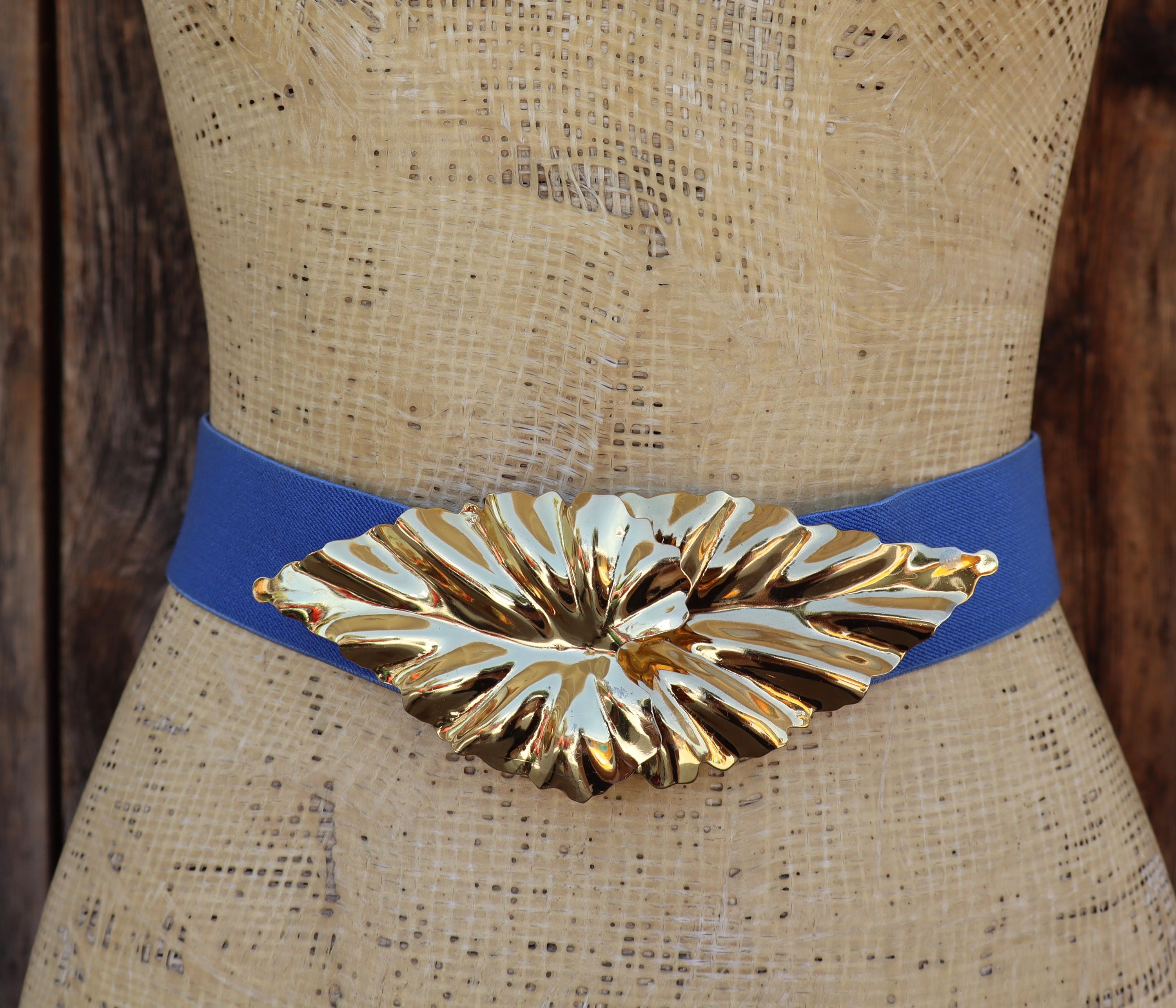 NEW Vintage womens fashion stretch dress belt cobalt blue gold buckle 80s 90s Buy Womens Fashion Belt Gold Buckle Blue Genuine Leather  main image 2