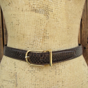 80s 90s Brown Snakeskin Trouser Belt | Officecore Brown Business Casual Academia Style Snake Belt with Gold Buckle | 23 to 27 Size Small