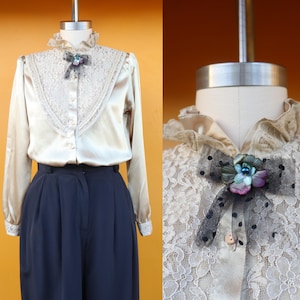 80s Silky Tie Neck Lace Button Down Front Secretary Blouse | Button Up Puff Pleated Shoulder Ruffled Top Officecore Shirt | Size M
