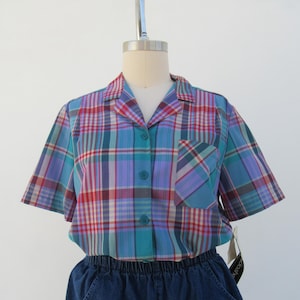 PLUS SIZE 80s Plaid Cotton Blend Button Down Blouse | NOS Checkered Button Front Cottagecore Top Shirt | 1X size 16