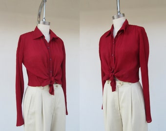 90s Dark Red Semi Sheer Fluted Button Front Blouse | Accordion Top | Wrinkled Crinkled Button Down Shirt |  S