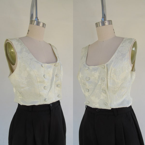 80s 90s Tone on Tone Cream Brocade Button Front Vest | Floral Rose Flower Pattern Brocade Double Breasted Tank Top Blouse Shirt | S