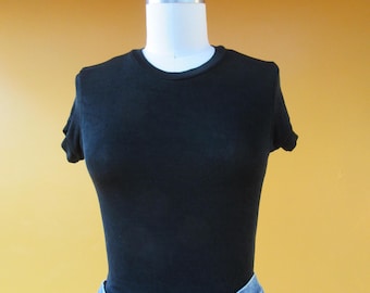 90er Jahre Slinky Tee | Flügelärmel hoher Rundhalsausschnitt, Body Con Slinky Top Shirt | S M