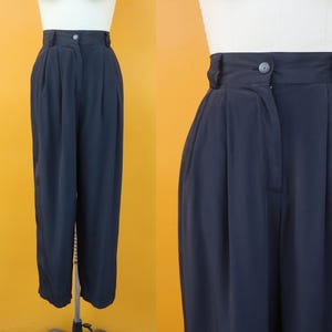 80s 90s Black Rayon High Waist Pleated Trousers | Dark Academia High Rise Slacks | Business Casual Minimalist Baggy Pants | 27 Waist