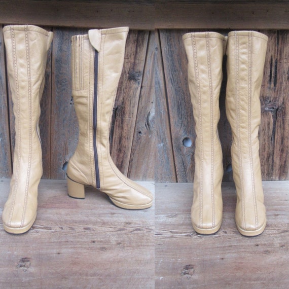 60s 70s Camel Brown Leather Go Go Boots | Knee Hig