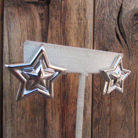 90s Silver Tone Star Earrings | Large Star Earrings | Modernist Star Earrings | Statement Earrings