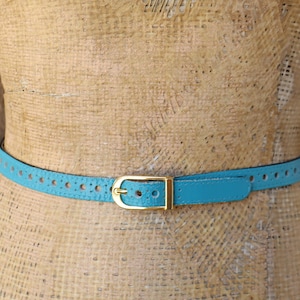 80s Aqua Skinny Perforated Leather Belt | Teal Turquoise Skinny Trouser belt
