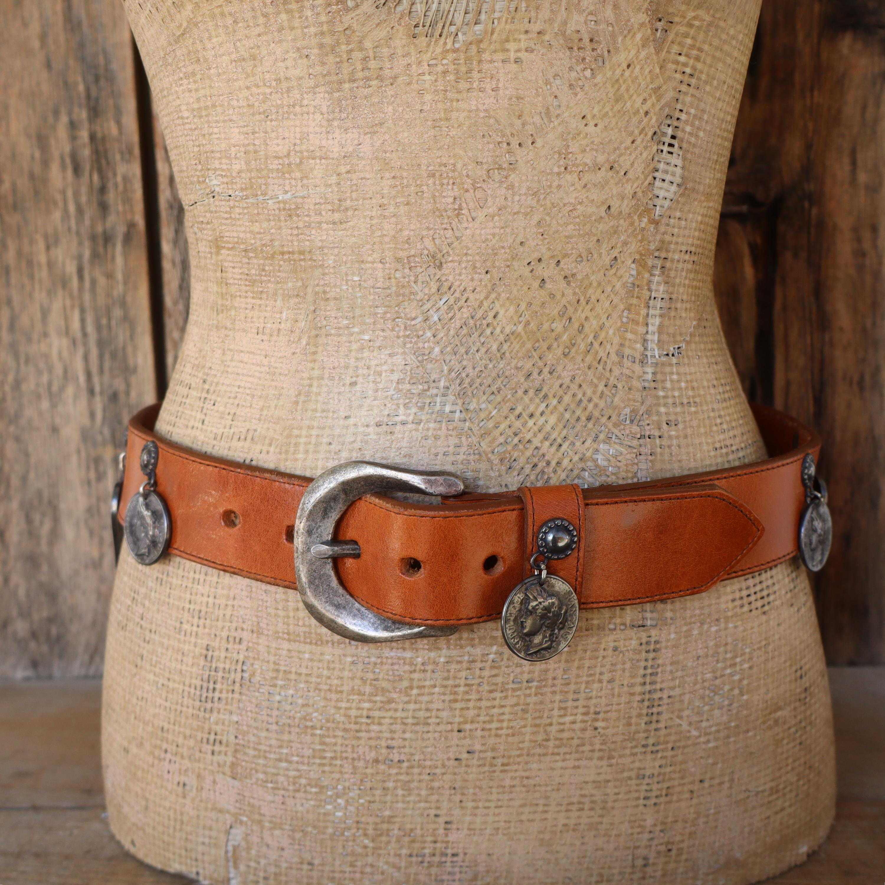 80s 90s Whiskey Brown Leather Dangling Charm Belt | Heart Coin