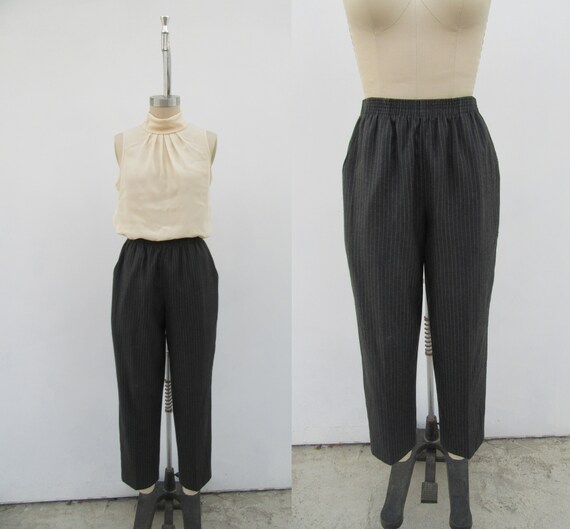 90s Charcoal Pinstriped Tapered High Waist Pull O… - image 3