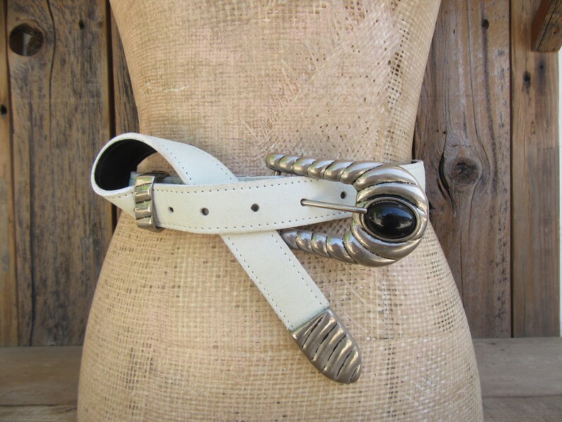 Rocker Belt Statement Belt 80s 90s Mint Green Leather Ranger Belt Cabochon Buckle Belt M L 30 to 34.75