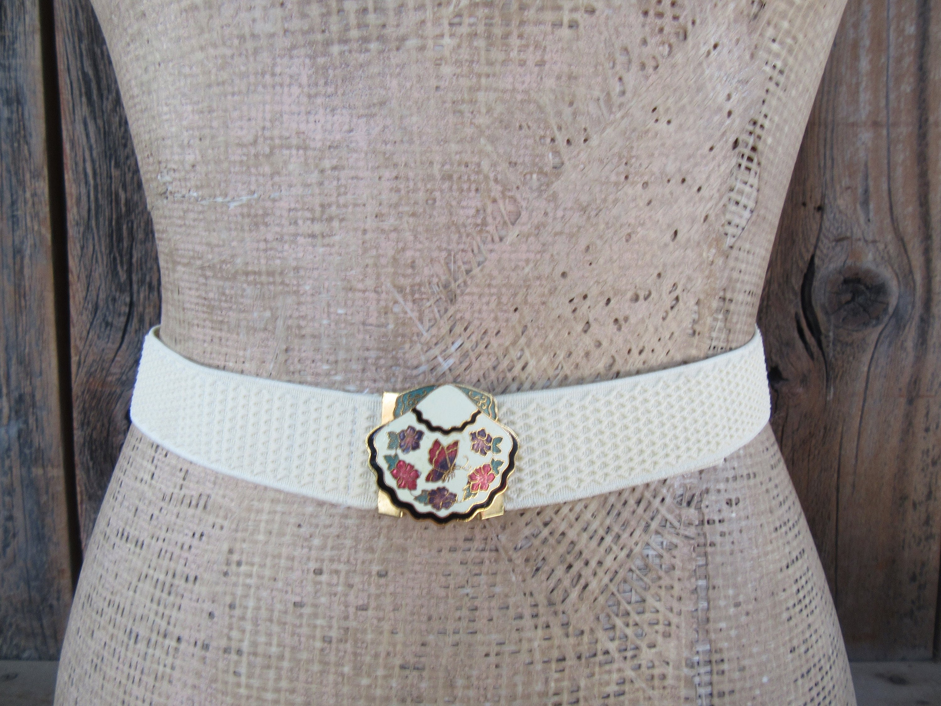 80s Cream Stretch Belt | Cinch Belt | Cloisonne Enamel  display picture 2
