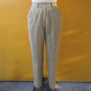 90s Tan High Waisted Wool Twill Tapered Trousers | Officecore Minimal High Rise Brown Wool Trousers | 26 Waist