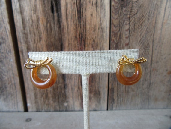 90s Earrings | Gold Tone Bow Faux Tortoise Brown … - image 2