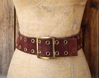 1970s Wide Grommet Double Prong Buckle Burgundy Suede Leather Belt | Mod Hippie Belt | Fits up to 28
