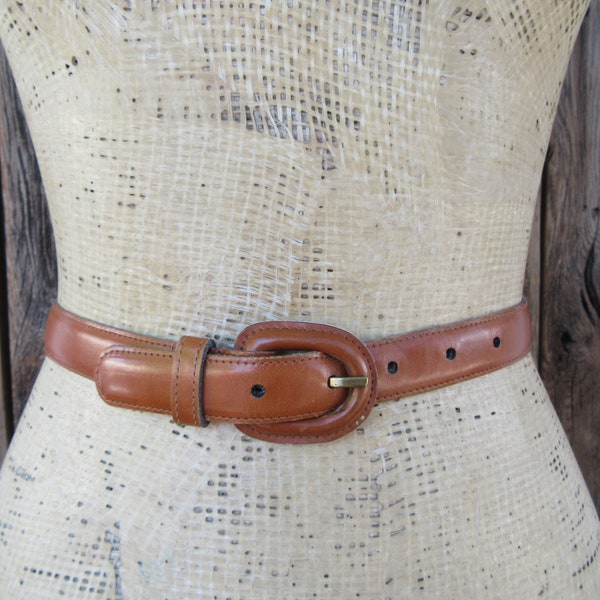 80s 90s  Preppy Simple Sienna Brown Leather Belt | Skinny Leather Trouser Belt | Whiskey Brown Minimal Leather Waist Belt | 26 to 29-1/2