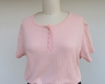 90s Cotton Blend Pink Henley Tee Shirt | Ribbed Cotton Blend Tee Shirt Top | L